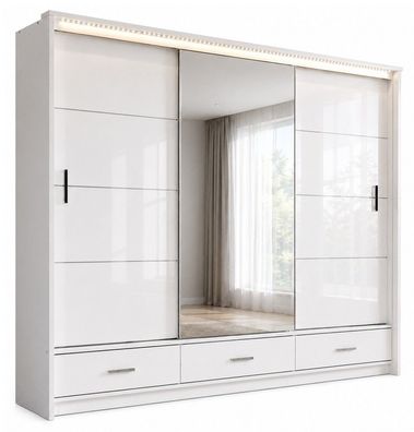 Schiebeschrank Marsellie 250 cm, Kleiderschrank, Hochglanz, Spiegel, Schubladen
