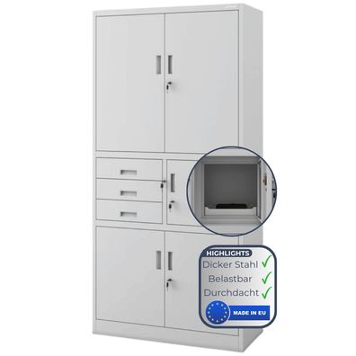 Aktenschrank abschlie?bar FILIP 185x90x40cm Grau mit Tresor & SchubladenB?roschrank