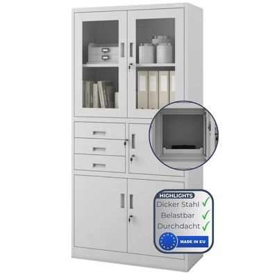 Vitrinenschrank abschlie?bar FILIP 185x90x40cm Grau mit Tresor & Schubladen