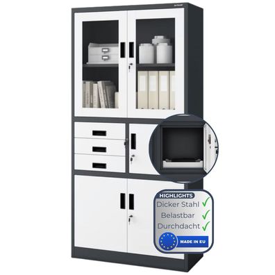 Vitrinenschrank abschlie?bar FILIP 185x90x40cm Anthrazit-Wei? mit Tresor
