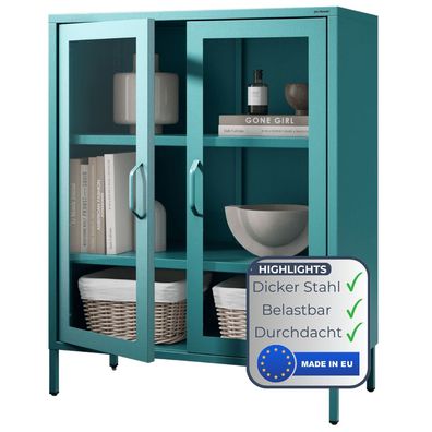 Vitrinenschrank Wohnzimmer klein GINA 101,5x80x40cm T?rkis 3 Ebenen Metall