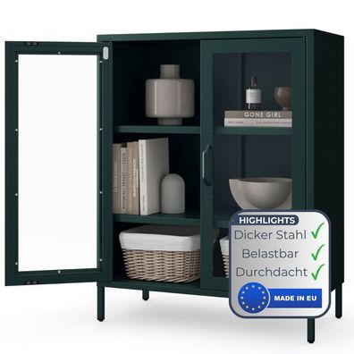 Vitrinenschrank Wohnzimmer klein GINA 101,5x80x40cm Dunkelgr?n 3 Ebenen Metall