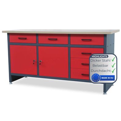 Werkbank Werkstatt HENRY 85x170x60cm Anthrazit-Rot 6 Schubladen 2x Schlie?fach