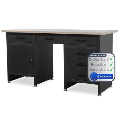 Werkbank Werkstatt FRANK 85x170x60cm Schwarz 6 Schubladen 1x Schlie?fach
