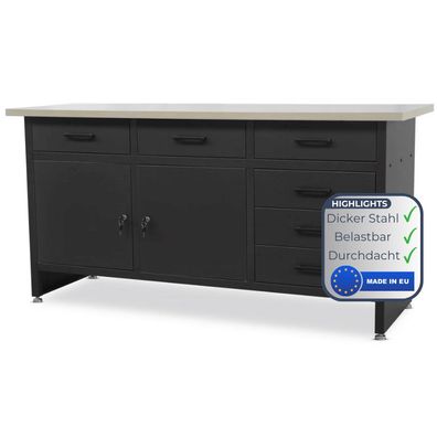 Werkbank Werkstatt HENRY 85x170x60cm Schwarz 6 Schubladen 2x Schlie?fach