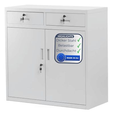 Metallschrank klein LENA 90x90x40cm Grau Schubladen Fl?gelt?ren Aktenschrank