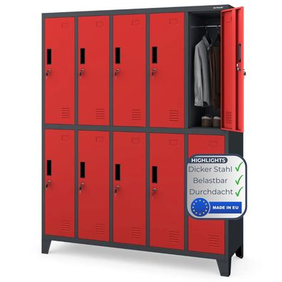 Umkleideschrank Spind BARTEK 172x136x45cm Anthrazit-Rot 10 Abteile Etikettenhalter