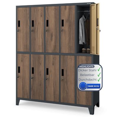Umkleideschrank Spind BARTEK 172x136x45cm Anthrazit-Nussbaum 10 Abteile