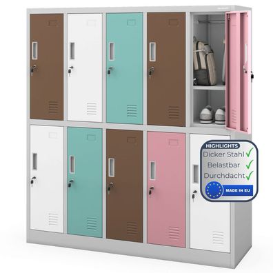 Umkleideschrank Spind BARTUS 150x136x45cm Pastellfarben 10 Abteile Etikettenhalter