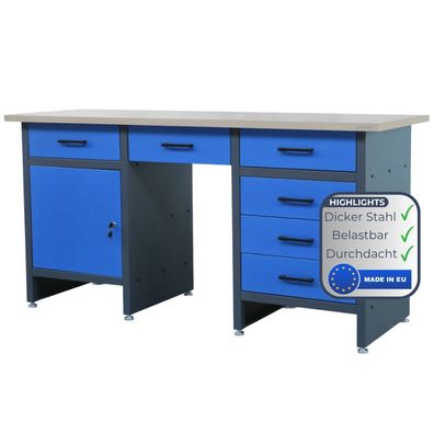 Werkbank Werkstatt FRANK 85x170x60cm Anthrazit-Blau 6 Schubladen 1x Schlie?fach