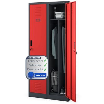 Umkleideschrank Spind KACPER 180x80x50cm Anthrazit-Rot 2 Abteile Etikettenhalter