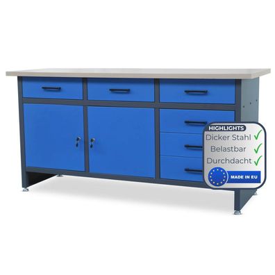 Werkbank Werkstatt HENRY 85x170x60cm Anthrazit-Blau 6 Schubladen 2x Schlie?fach