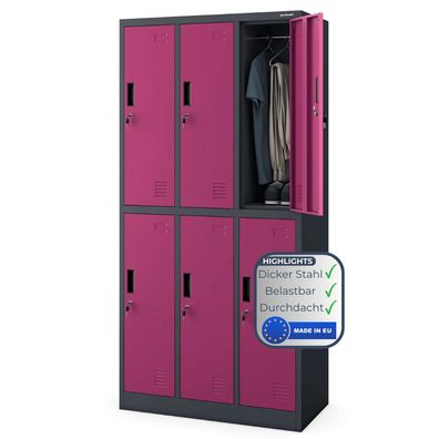Umkleideschrank Spind IGOR 185x90x45cm Anthrazit-Lila 6 Abteile Etikettenhalter