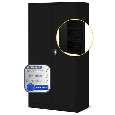 Werkzeugschrank mit Lochwand SZYMON 185x92x50cm Schwarz Mit Schubladen Abschlie?bar