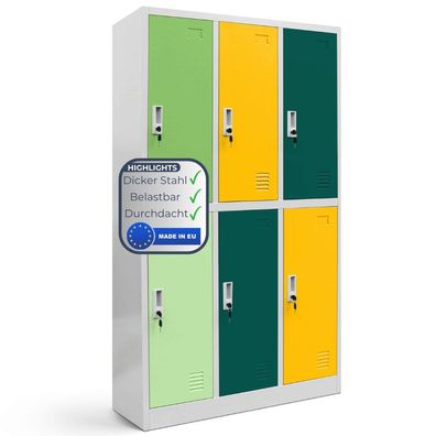 Umkleideschrank Spind IGOREK 150x90x45cm Gr?n-Gelb 6 Abteile Etikettenhalter