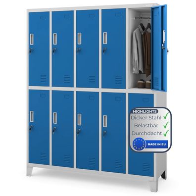 Umkleideschrank Spind BARTEK 172x136x45cm Grau-Blau 10 Abteile Etikettenhalter