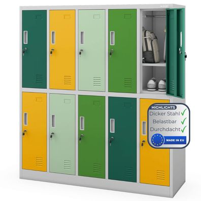 Umkleideschrank Spind BARTUS 150x136x45cm Gr?n-Gelb 10 Abteile Etikettenhalter