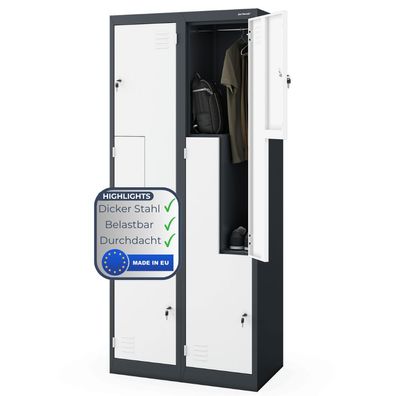 Umkleideschrank Spind JULIA 185x80x45cm Anthrazit-Wei? 4 Abteile mit L?ftungsschlitze