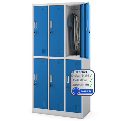 Umkleideschrank Spind IGOR 185x90x45cm Grau-Blau 6 Abteile Etikettenhalter