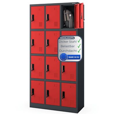 Schlie?fachschrank Spind MARCIN 185x90x40cm Anthrazit-Rot 12 F?cher Etikettenhalter