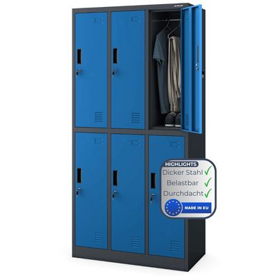 Umkleideschrank Spind IGOR 185x90x45cm Anthrazit-Blau 6 Abteile Etikettenhalter