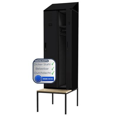 Umkleideschrank Spind mit Sitzbank KACPER 229,5x60x85cm Schwarz 2 Abteile