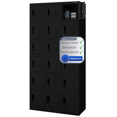 Schlie?fachschrank Spind KAROL 185x90x40cm Schwarz 18 F?cher Etikettenhalter