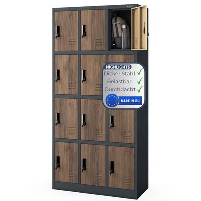 Schlie?fachschrank Spind MARCIN 185x90x40cm Anthrazit-Nussbaum 12 F?cher
