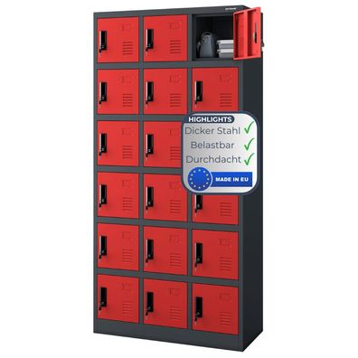 Schlie?fachschrank Spind KAROL 185x90x40cm Anthrazit-Rot 18 F?cher Etikettenhalter