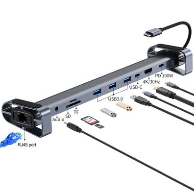 H36C USB C Hub Docking Station 10in1 HDMI RJ45 USB 3.0 Audio SD/TF für PC Laptop