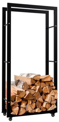 Kaminholzregal innen Metall SATLO Schwarz 25x60x125cm mit Rollen Brennholzregal innen