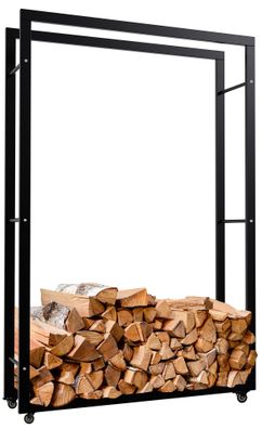 Kaminholzregal innen Metall SATLO Schwarz 25x100x150cm mit Rollen Brennholzregal