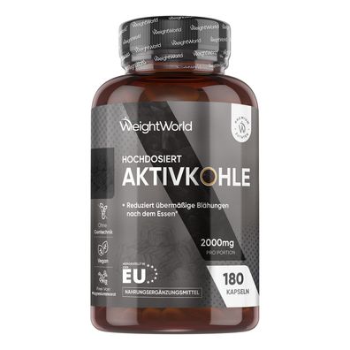 Aktivkohle Kapseln - 2000mg pro Portion - 180 vegane Kapseln - WeightWorld