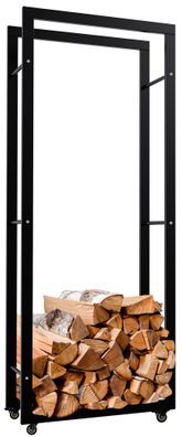 Kaminholzregal innen Metall SATLO Schwarz 25x60x150cm mit Rollen Brennholzregal innen