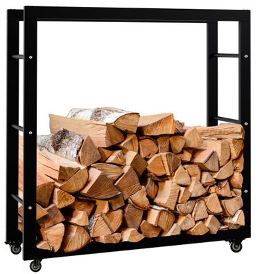 Kaminholzregal innen Metall SATLO Schwarz 25x80x80cm mit Rollen Brennholzregal innen
