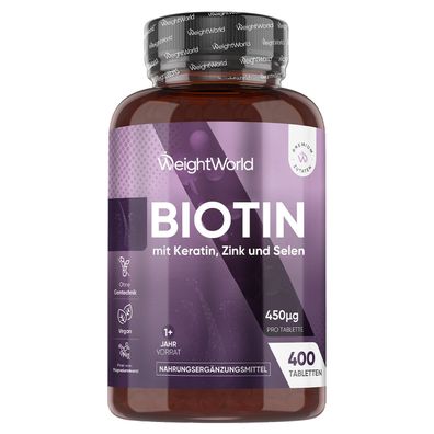 Biotin Komplex mit Keratin 25mg, Selen, Zink - 400 vegane Tabletten - 1+ Jahre Vorrat