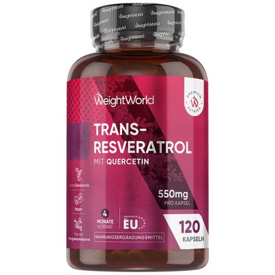 Trans - Resveratrol mit Quercetin 550 mg - 4 Monate Vorrat - 120 Kapseln- WeightWorld