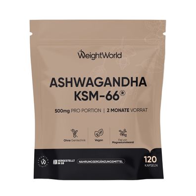 WeightWorld Ashwagandha KSM-66-500 mg Ashwagandha Pulver täglich - 120 Kapseln