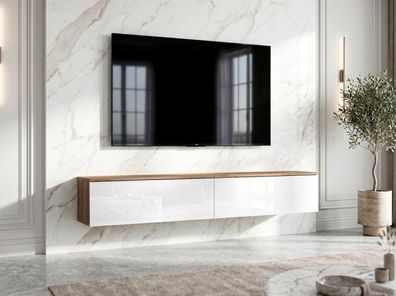 AX LIVING Barvo 2x100 TV Kommode Lowboard Braun/Weiß Hochglanz Hängend