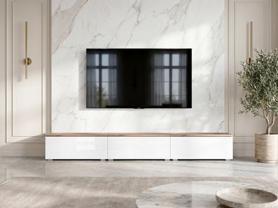 AX LIVING Barvo 3x100 TV Kommode Lowboard Braun/Weiß Hochglanz Stehend