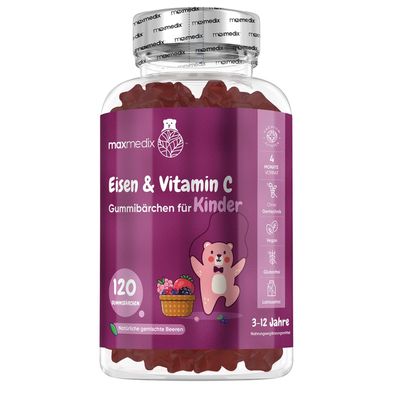 Eisen & Vitamin C für Kinder - 7mg Iron - 4 Monate Vorrat - Eisen mit 10mg Vitamin C