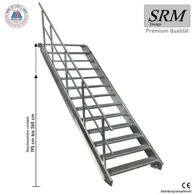 13 Stufen Stahltreppe Breite 60 - 160cm Geschosshöhe 195 - 260cm Geländer einseitig