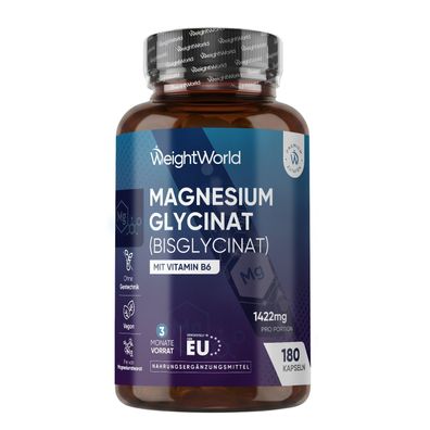 Magnesiumglycinat Kapseln - 180 vegane Kapseln - 3 Monate Vorrat
