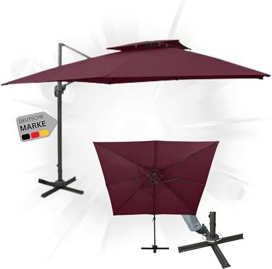 Sonnenschirm rechteckig LOTI 300cm Rot UV-Schutz Kippbar Kurbelsystem Ampelschirm