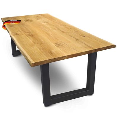 Massivholz Wohnzimmertisch Baumkante RAGNAR 220x100 Eichenholz U-Tie Gestell Esstisch