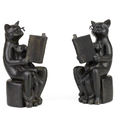 Buchstützen 2er Set Katzen Figuren mit Brille und Buch aus Resin Dekoration Geschenk