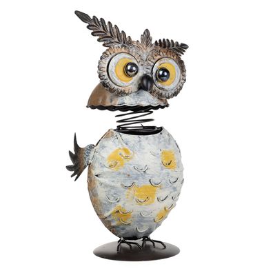 Dekofigur Eule aus Metall mit Wackelkopf 42 cm hoch - Gartendeko Tierfigur in Blau-Ge
