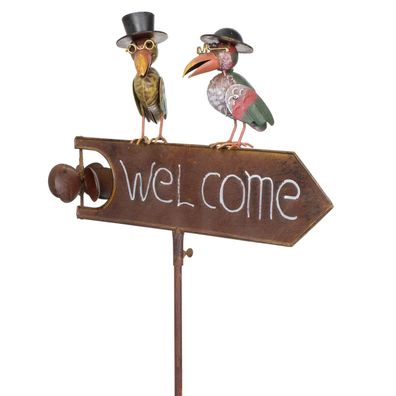 Metall Gartenstecker Welcome Schild 127x48x11 cm mit 2 Vögeln Deko Pfeil Vintage Look