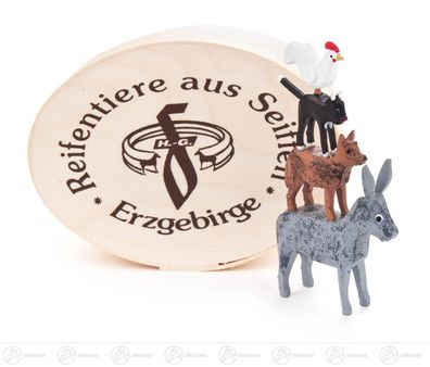 Reifentier Bremer Stadtmusikanten groß in Spandose H=ca 8 cm NEU Erzgebirge