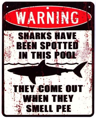 Moritz Blechschild Warning Sharks in this Pool Hai Deko Schild mit Aufschrift 20 x 25